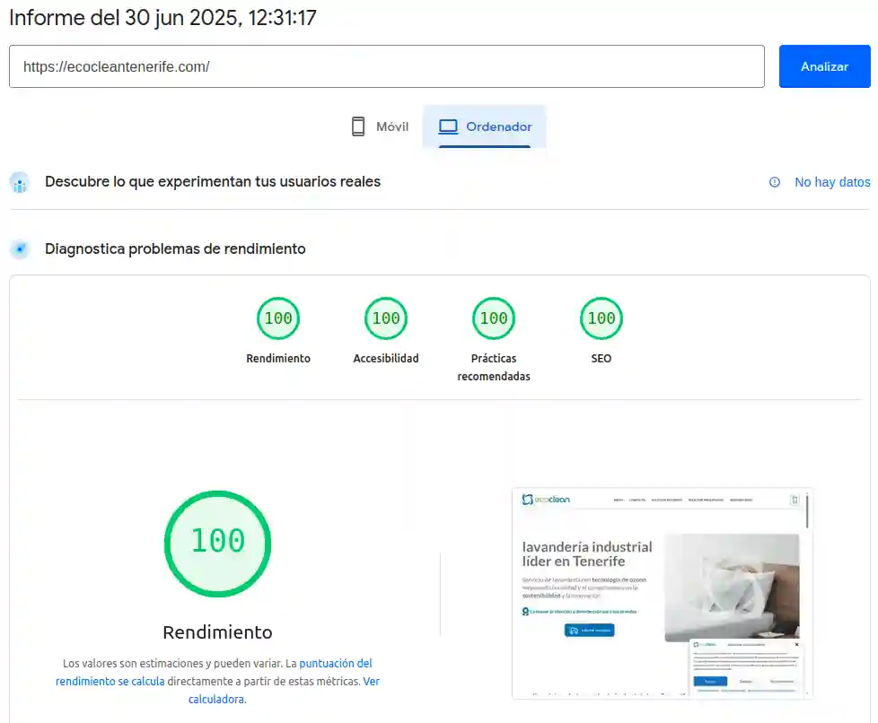 Analítica de pagespeed